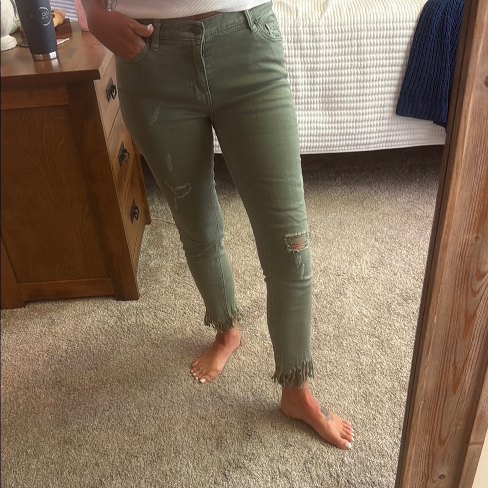 Free People Olive Green Distressed Cropped Jeans with Fringe Hem